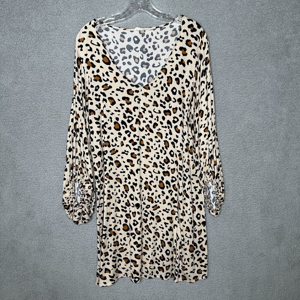 ee:some Leopard Print Dress Women XL Tan Excellent V-Neck Bubble Sleeve‎ Mini